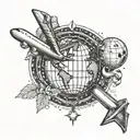 A Christian cross with a globe and airplane, representing your faith and passion for traveling as a flight attendant tattoo design idea