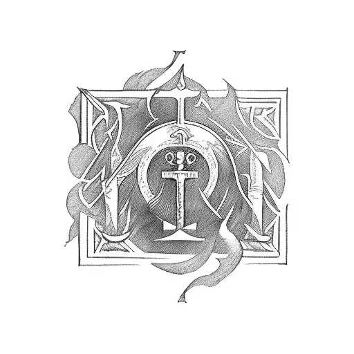 10 of swords tarot card in Greek architectural style tattoo design idea
