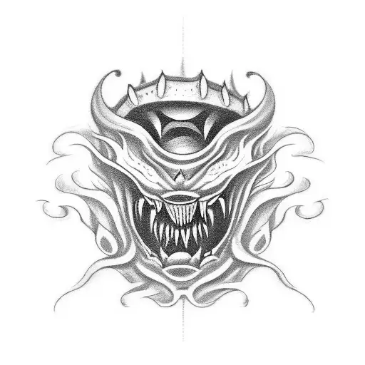 A tattoo design featuring a mysterious creature with teeth, symbolizing inner strength and resilience, inspired by the lyric 'I don't know what's got its teeth in me but I'm about to bite back in anger' tattoo design idea