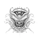 A tattoo design featuring a mysterious creature with teeth, symbolizing inner strength and resilience, inspired by the lyric 'I don't know what's got its teeth in me but I'm about to bite back in anger' tattoo design idea