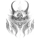 A tattoo design featuring a mysterious creature with teeth, symbolizing inner strength and resilience, inspired by the lyric 'I don't know what's got its teeth in me but I'm about to bite back in anger' tattoo design idea