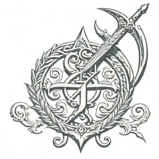 triskele crest with a long sword vertically behind it.  tattoo design idea