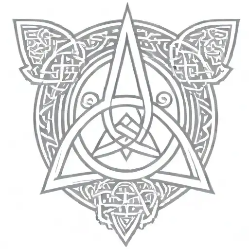 triquetra front and center with a long sword vertically behind it.  tattoo design idea