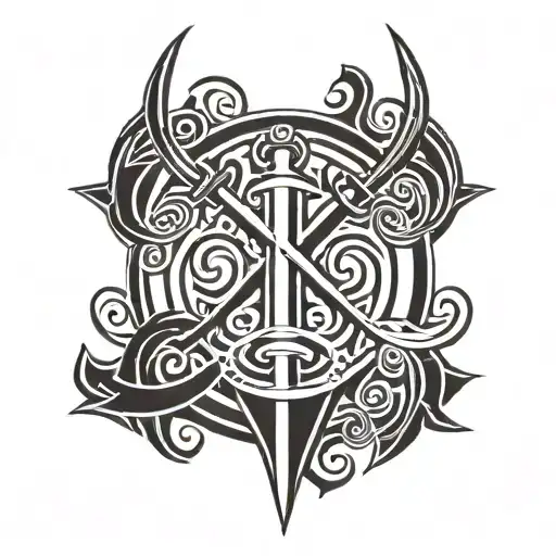 triskele crest with a long sword vertically behind it the handle at the top tattoo design idea