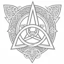 triquetra front and center with a long sword vertically behind it.  tattoo design idea