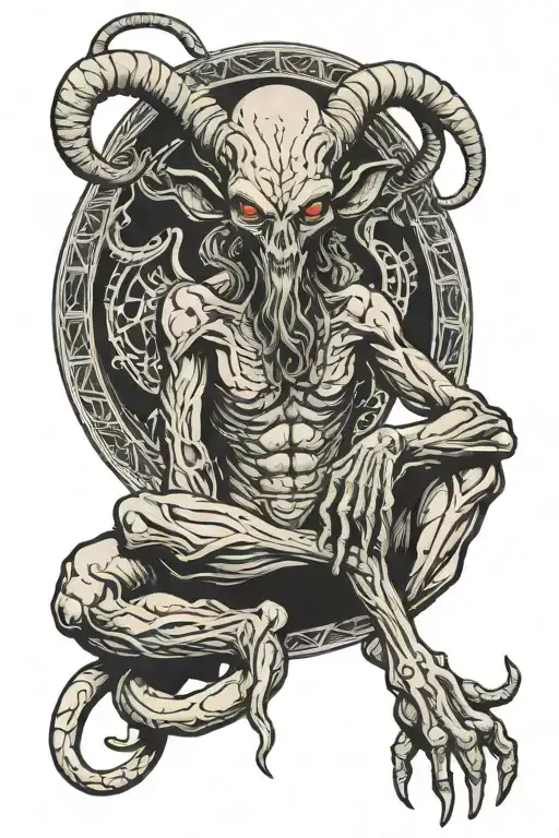 An alien sitting in the same position as Baphomet, with a desert/stoner style and a touch of mysticism and esotericism. The alien has a large head and big eyes, with arms positioned like Baphomet. tattoo design idea
