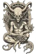 An alien sitting in the same position as Baphomet, with a desert/stoner style and a touch of mysticism and esotericism. The alien has a large head and big eyes, with arms positioned like Baphomet. tattoo design idea