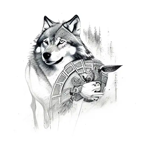 women gladiator with wolf pet tattoo design idea