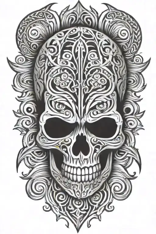 Tribal skull surrounded by tribal patterns tattoo design idea