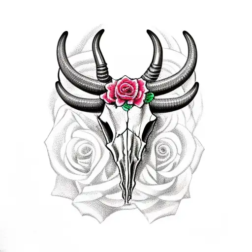 longhorn bull skull with snake slithering around it with roses on/surrounding it tattoo design idea