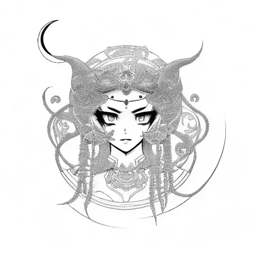 Moon goddess Selena in full-length anime style with elements of neo-tribal tattoo sketch in black and white tattoo design idea