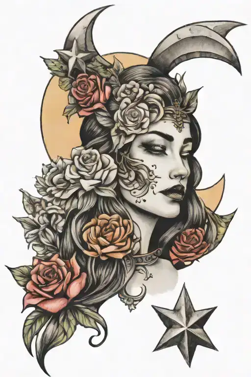 strong woman, moon and star lover, nature lover, remembering dead father, grateful to mother and husband is my love and  tattoo design idea