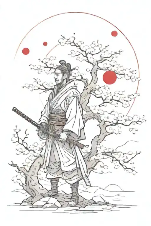 Lonely ronin samurai next to cherry blossom tree with red moon behind him  tattoo design idea
