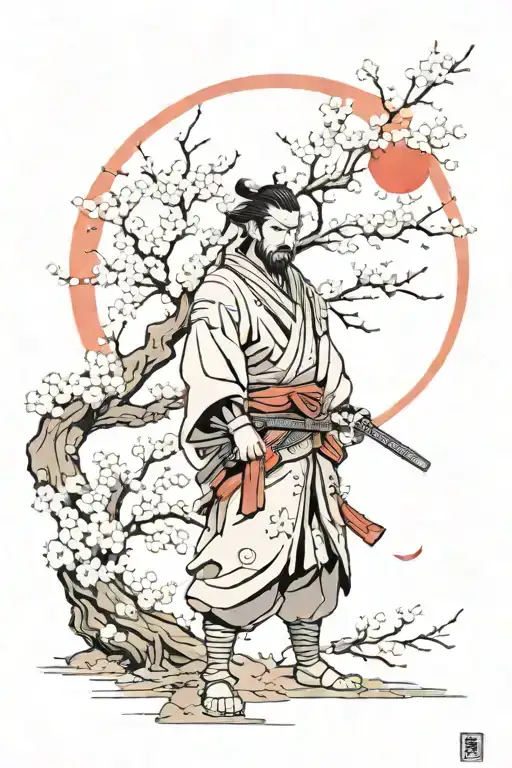 Lonely ronin samurai next to cherry blossom tree with red moon behind him  tattoo design idea