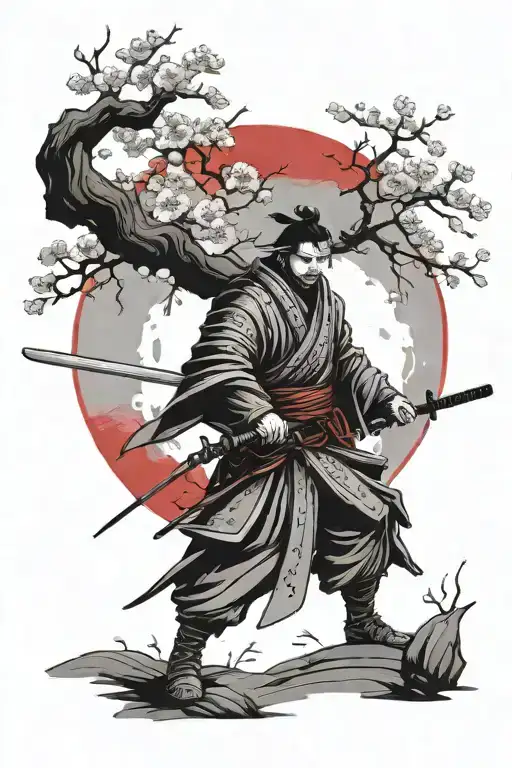 Lonely ronin samurai next to cherry blossom tree with red moon behind him  tattoo design idea