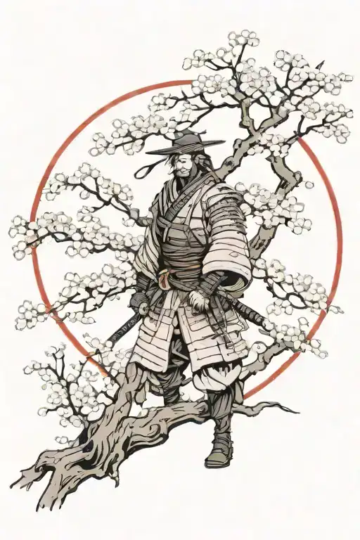 Lonely ronin samurai next to cherry blossom tree with red moon behind him  tattoo design idea