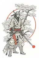 Lonely ronin samurai next to cherry blossom tree with red moon behind him  tattoo design idea