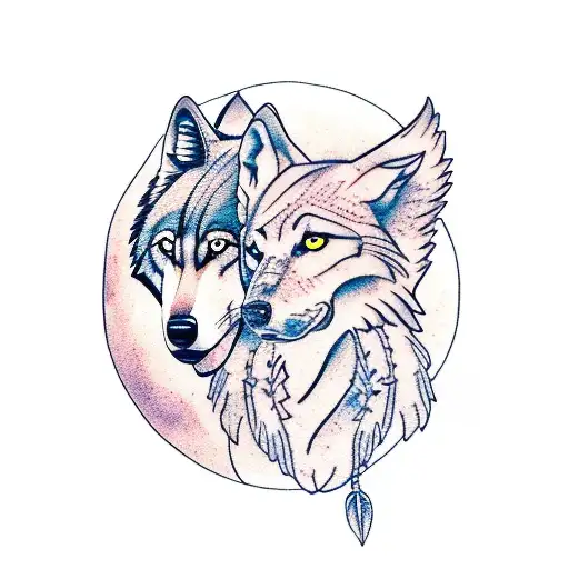 Wolf and Indian guy, mountain  tattoo design idea