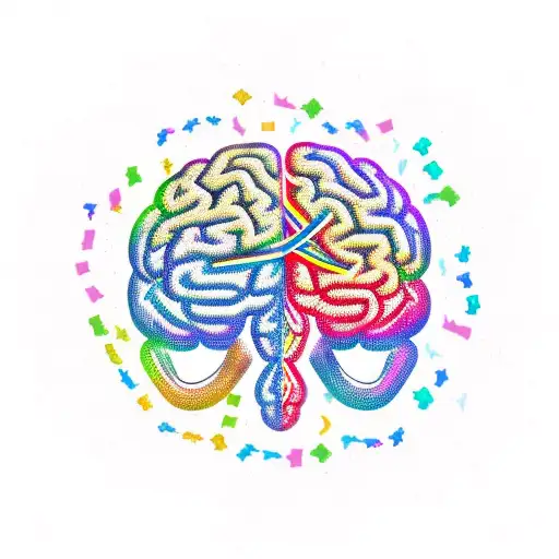 A stylized brain with colorful ADHD awareness ribbons intertwined, surrounded by ghostly apparitions tattoo design idea