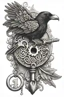 old fashioned key with a semicolon in it with a raven tattoo design idea