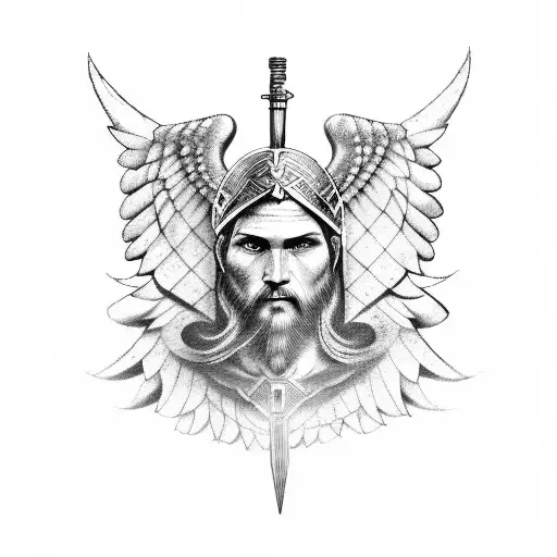 A tattoo design inspired by Greek mythology, depicting a viking warrior with angelic wings playing a musical instrument. tattoo design idea