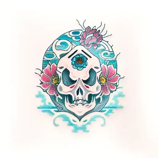  full sleeve irezumi tattoo , constrast colors , flowers , skull on forearm , red full moon on shoulders , ocean wawes a tattoo design idea