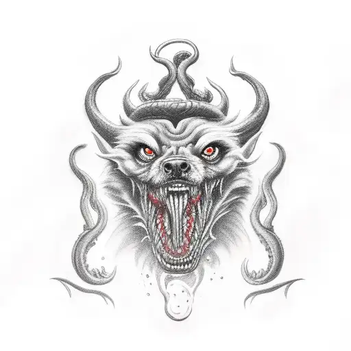 cerberus in hell, teeth, blood, black tattoo design idea