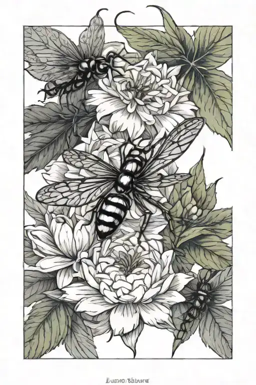 January, April, August, October birth flowers with a jumping spider, dragonfly, ladybug and praying mantis tattoo design idea