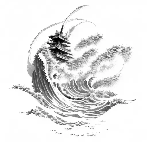 A futuristic Gundam battling a giant sea wave in Ukiyo-e style tattoo design idea