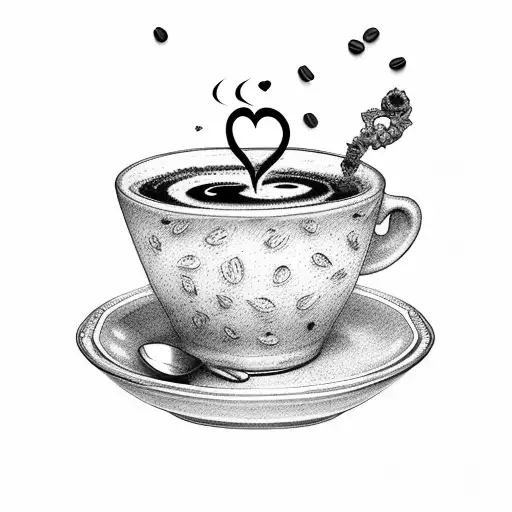 three books under cup of coffee with heart tattoo design idea