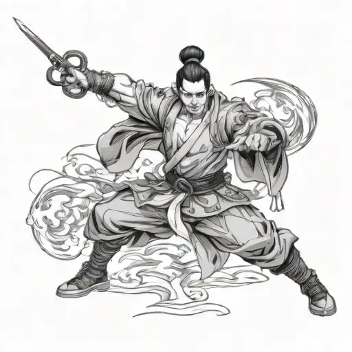 Tattoo Concept: Main Element: Toji Fushiguro in a Battle Stance  Toji should be depicted in a dynamic action pose, holdi tattoo design idea