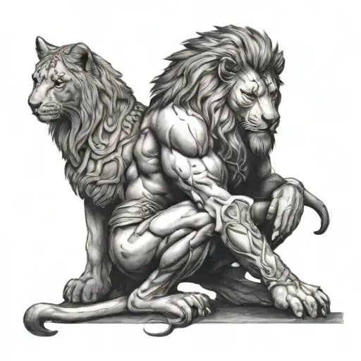 A Spartan soldier kneeling in respect in front of a majestic lion, showcasing the bond between humans and animals tattoo design idea