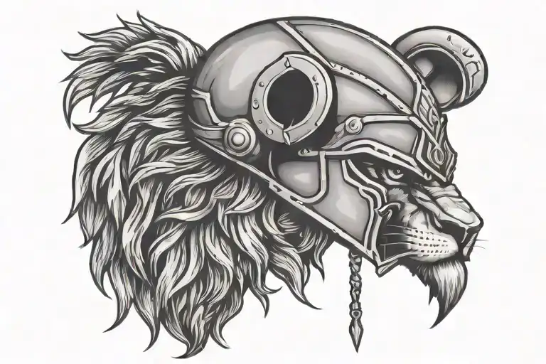 lion head above a spartan helmet hanging upside down" with mountains background tattoo design idea