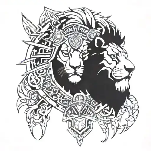 A lion's head intertwined with Spartan armor and weaponry, blending the two symbols seamlessly tattoo design idea