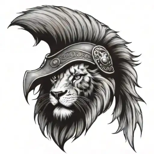 A Spartan helmet under a majestic lion head surrounded tattoo design idea