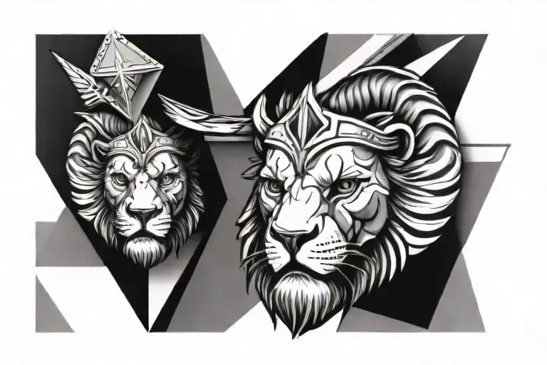 lion head above a spartan helmet hanging upside triangle tattoo design idea