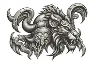 lion head above a spartan helmet hanging upside down" with mountains tattoo design idea