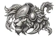 lion head above a spartan helmet hanging upside down" with mountains tattoo design idea