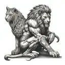 A Spartan soldier kneeling in respect in front of a majestic lion, showcasing the bond between humans and animals tattoo design idea