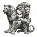 A Spartan soldier kneeling in respect in front of a majestic lion, showcasing the bond between humans and animals tattoo design idea