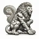 A Spartan soldier kneeling in respect in front of a majestic lion, showcasing the bond between humans and animals tattoo design idea