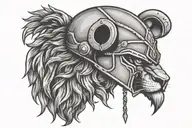 lion head above a spartan helmet hanging upside down" with mountains background tattoo design idea