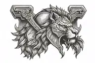 lion head above a spartan helmet hanging upside down" with mountains background tattoo design idea