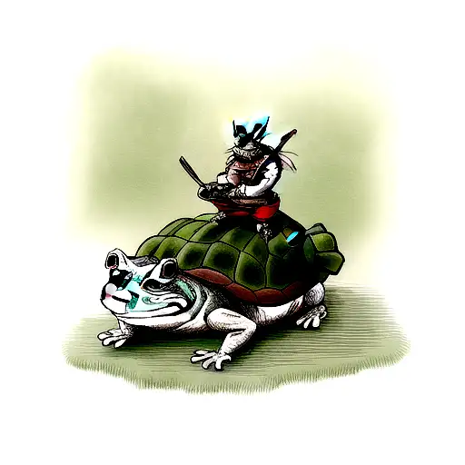 samurai frog riding on turtle back tattoo design idea