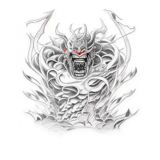 A dynamic and intense tattoo featuring Guts from Berserk battling against a monstrous Fenthon creature, capturing the epicness of the anime. tattoo design idea