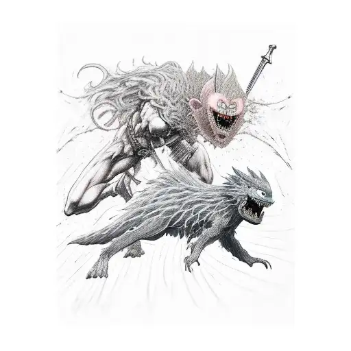 A dynamic and fierce battle scene between Guts and Griffith from Berserk tattoo design idea