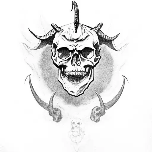 skull, goat horns, devil, stoic, greek/roman sleeve tattoo design idea