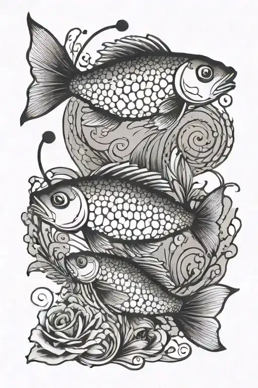 A tattoo featuring the zodiac sign Pisces (fish) intertwined with the birth years 1956, 1968, 1989, 1992, and 2001, representing important milestones in your life tattoo design idea