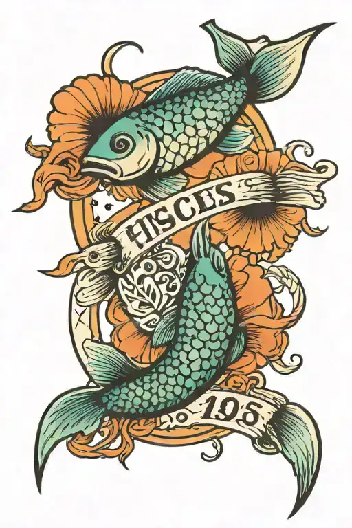 A tattoo featuring the zodiac sign Pisces (fish) intertwined with the birth years 1956, 1968, 1989, 1992, and 2001, representing important milestones in your life tattoo design idea