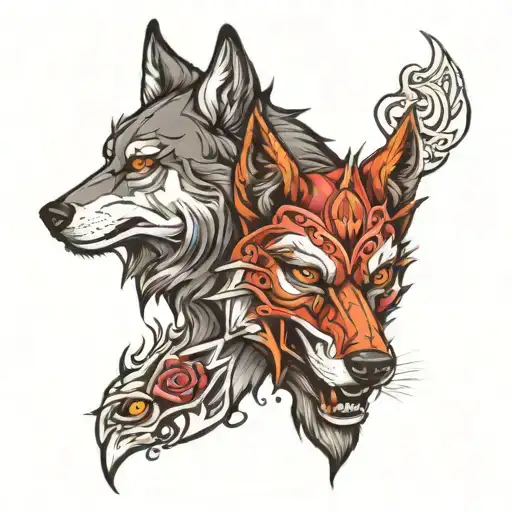 wolf face half good vs evil tattoo design idea